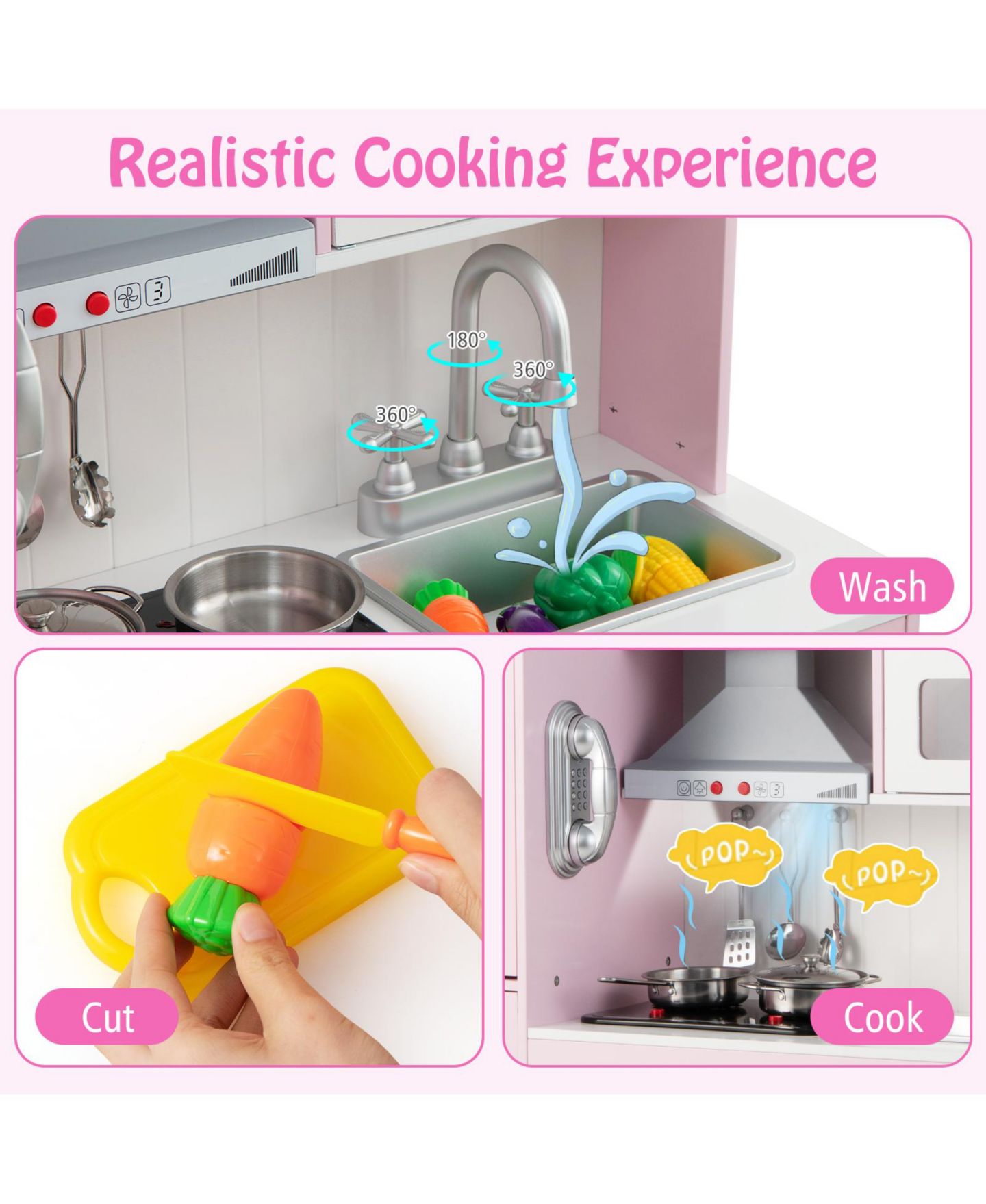 Детские игрушки Mecale Height-Adjustable Play Kitchen, 16-Piece Set, Ages 3+, цвет: Розовый — фото 4