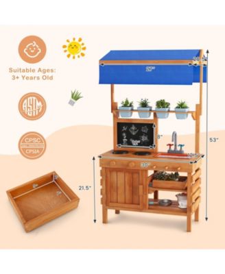 Wooden Pretend Play Kitchen with Height Adjustable Canopy for Kids