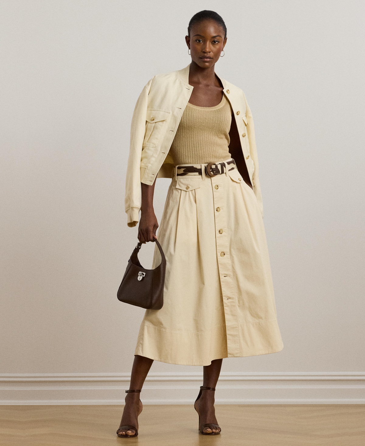 Women's Button-Front Micro-Sanded Twill Skirt - Ivory Beige