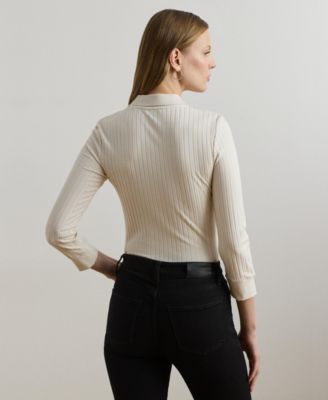 Women's Rib-Knit Three-Quarter-Sleeve Polo Shirt