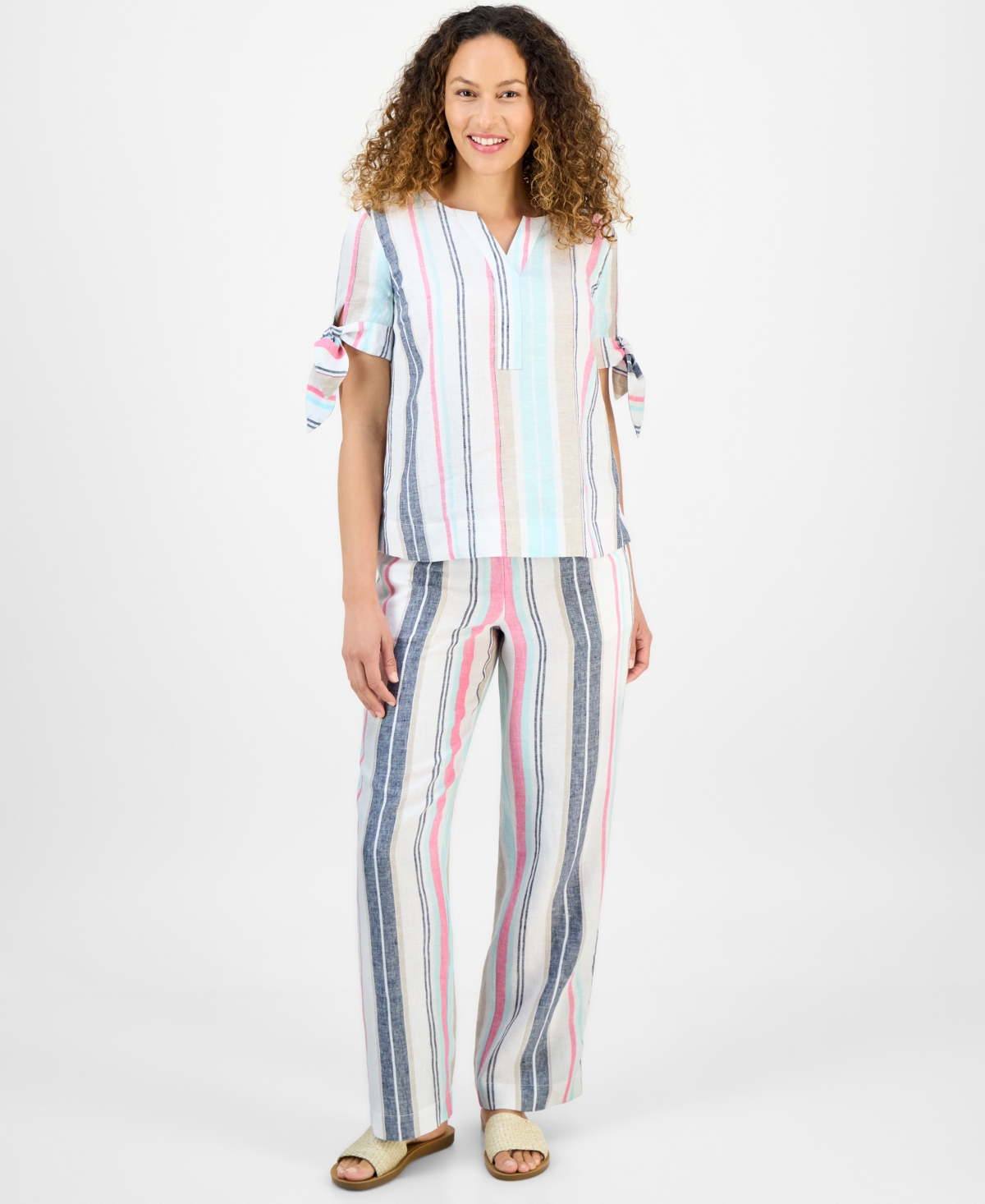 Petite Striped Drawstring Linen Pants, Exclusively at Macy's - Bright White