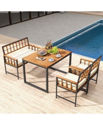4 PCS Acacia Wood Patio Dining Set w/ 1 Rectangular Table 1 Loveseat & 2 Armchairs