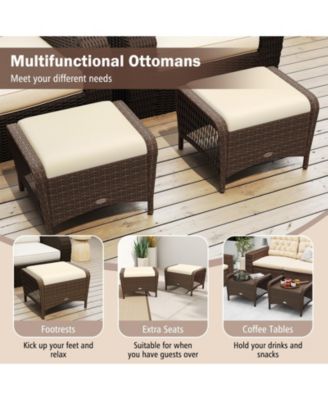 Set of 2 Outdoor Patio PE Wicker Ottomans with Removable Cushions