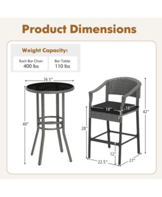 3-Piece Patio Rattan Bar Set with Tempered Glass Top for Backyard Poolside-Gray