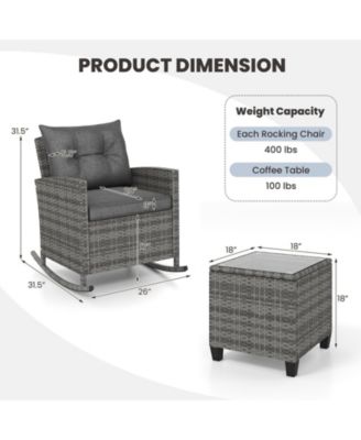 3-Piece Patio Rattan Roker Chairs with Tempered Glass Table and Soft Cushions