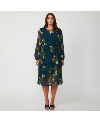 Plus Size Summit Bloom Navy Long Sleeve Midi Dress