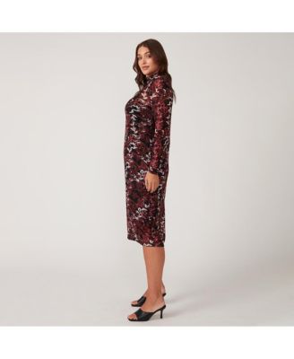 Plus Size Reflection Leaves Mesh Red Pink Black Floral High Neck Bodycon Midi Dress