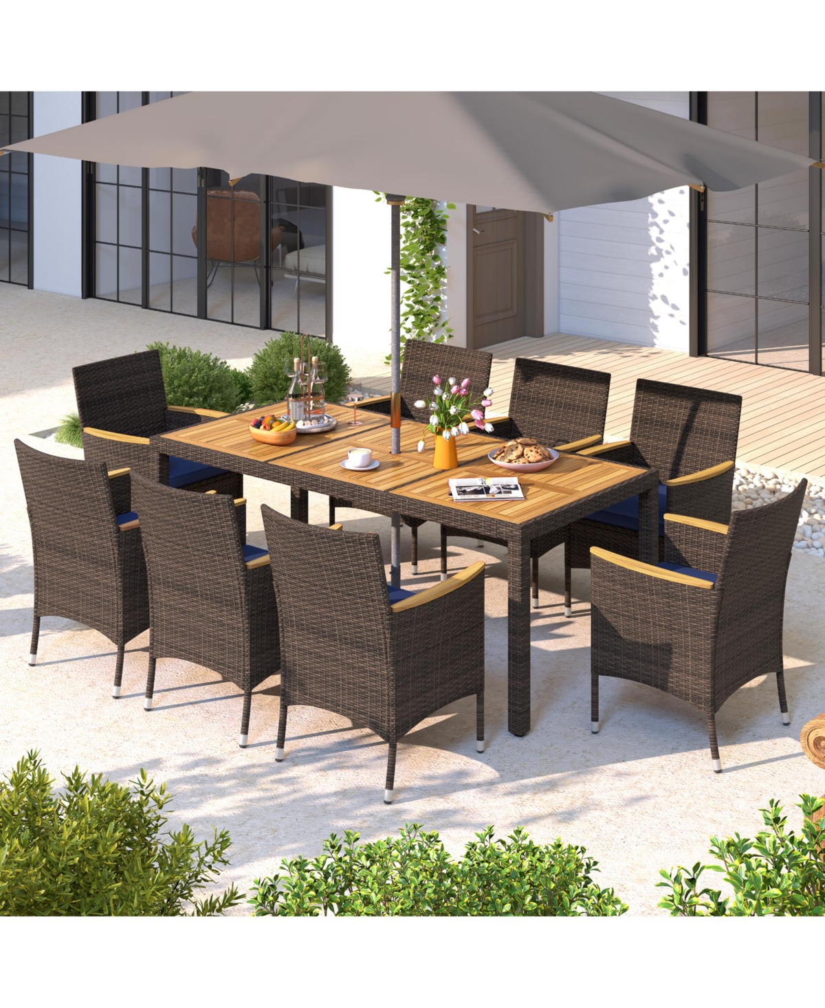 9 Pieces Outdoor Wicker Dining Set, Patio Dining Furniture Set with Acacia Wood Table and 8 Armchairs,Outdoor Table and Chairs Set with 2” Umbr