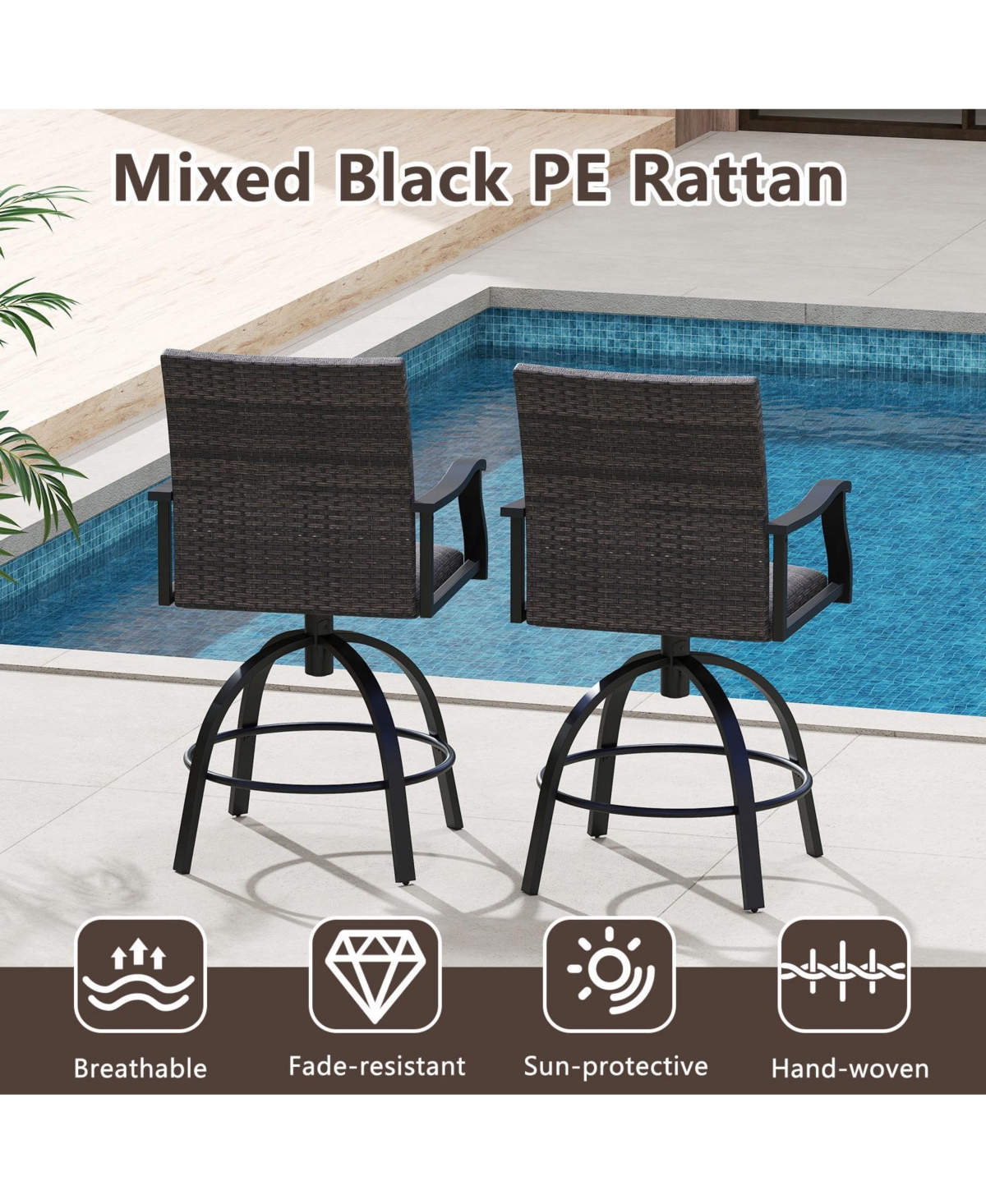 3 Pieces Pe Wicker Patio Swivel Bar Set with Quick-Drying Foam-Black
