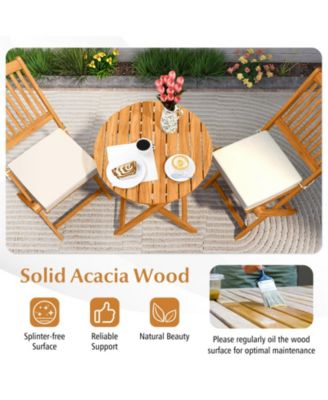 3 Pieces Acacia Wood Patio Folding Bistro Set with Soft Cushions-Beige