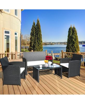 4PCS Rattan Patio Conversation Set Outdoor w/ Coffee Table Cushioned Sofa