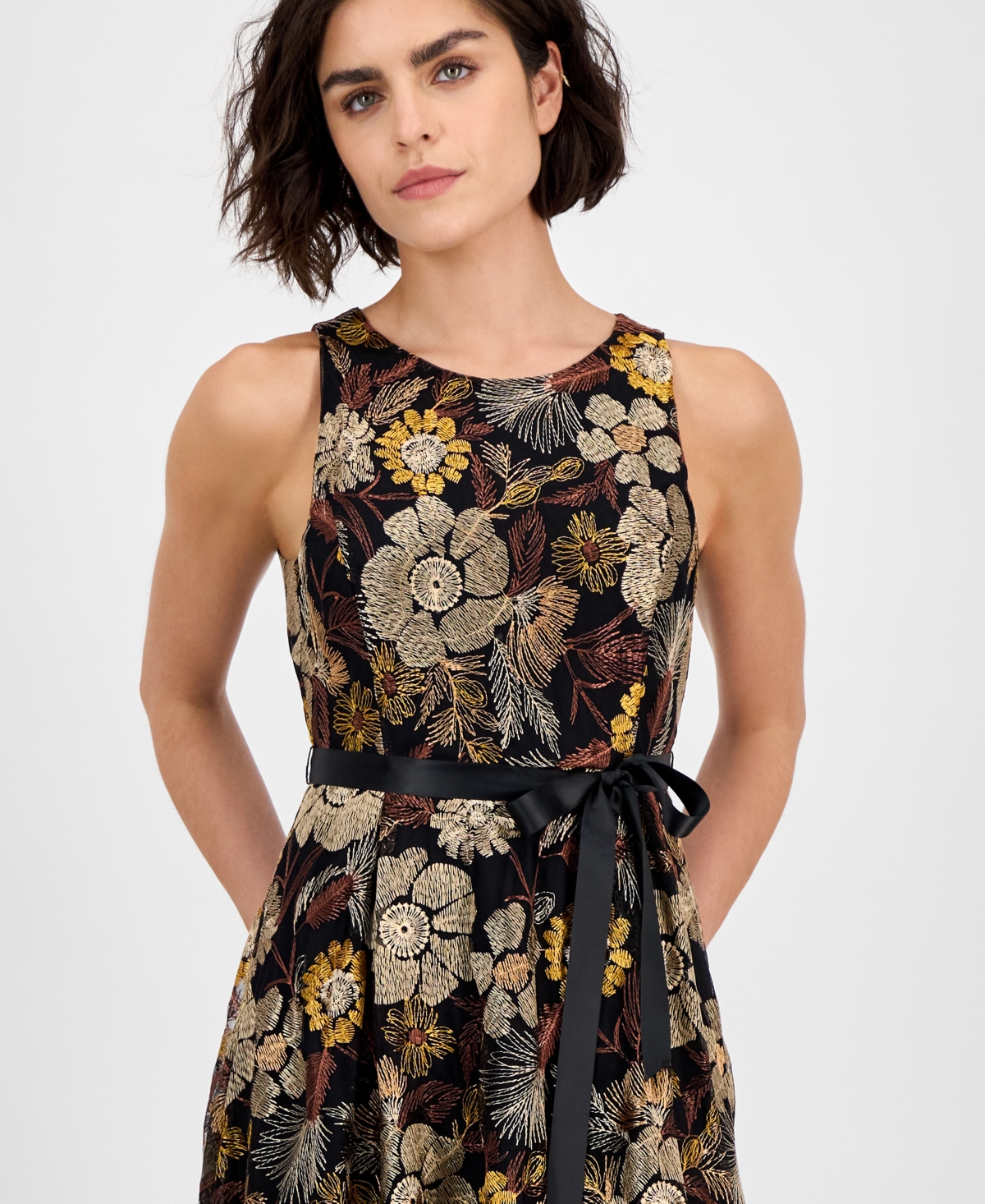Tahari Asl Embroidered Tie Waist Sleeveless Midi Dress In Black