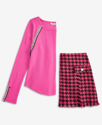 H By Habitual Big Girls Crochet Trim Ribbed Knit Top Pull On Houndstooth Skort In Pink