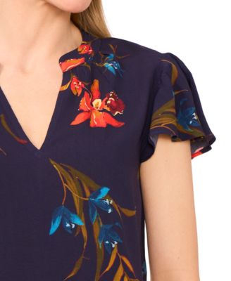 CeCe Women's Floral-Print Flutter-Sleeve Top - Macy's