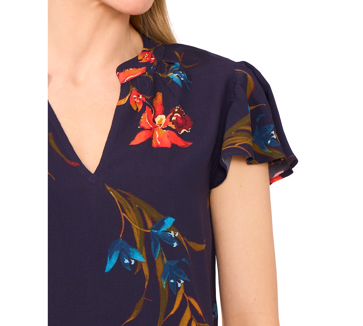 Cece Women's Floral-print Flutter-sleeve Top In Blue