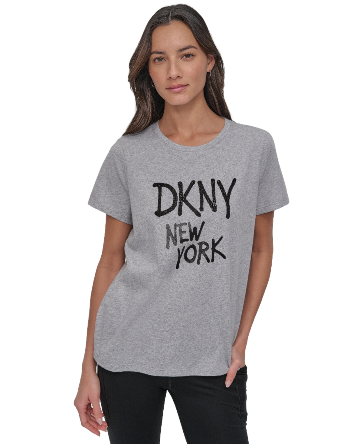 Dkny Women's Rhinestone Graffiti Relaxed Fit Round Neck T-shirt
