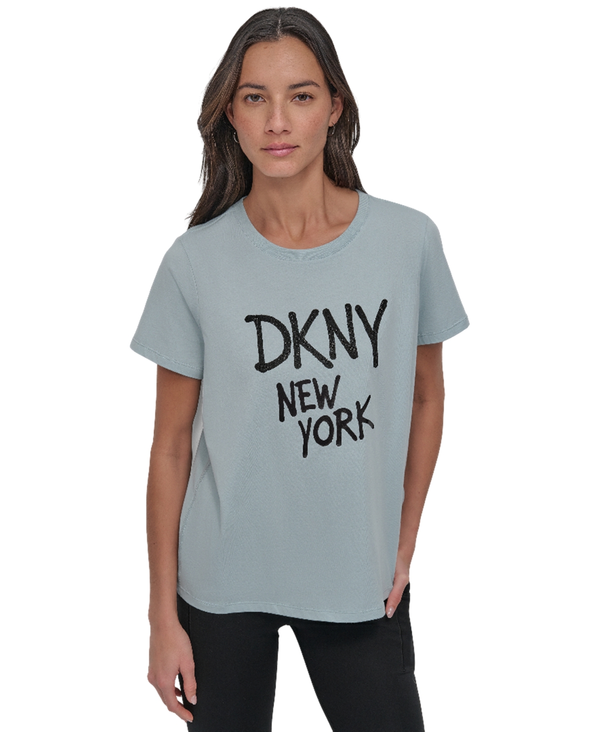 Dkny Women's Rhinestone Graffiti Relaxed Fit Round Neck T-shirt