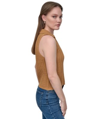 Women's Lacey Stitch Collared Sleeveless Sweater