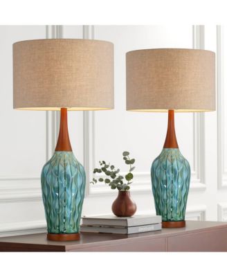 Rocco Modern Mid Century Table Lamps 30" Tall Set of 2 Blue Teal Glaze Ceramic Linen Drum Shade for Bedroom Living Room Nightstand Home