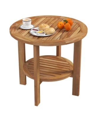 Outdoor Teak Wood Round Side Table Patio End Table with Slatted Storage Shelf