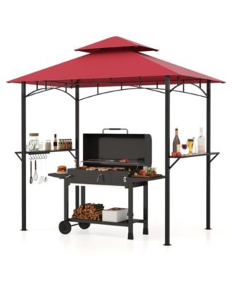 Outdoor Double-Tiered Grill Gazebo Canopy with 2 Shelves and 7 Hooks-Red