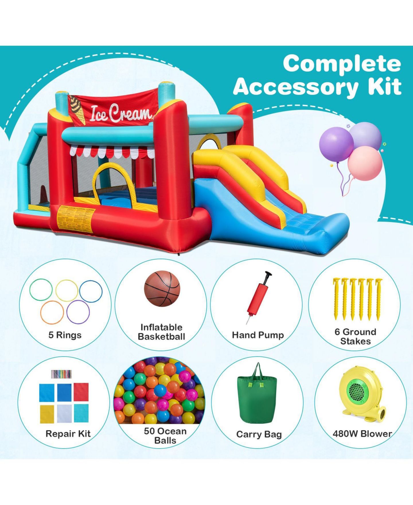 Детская игрушка GOUUN 5-in-1 Ice Cream Inflatable Bounce House with Slide, Oxford Fabric, 480W Blower, Ages 3-10, цвет: Разноцветный — фото 11