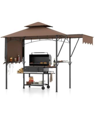 13 x 5 Feet Grill Gazebo with Dual Side Awnings and 2 Shelves Adjustable Shadow-Coffee