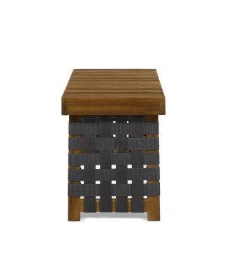 Outdoor Folding Side Table with Woven Accents, Wooden End Table for Living Room, 19 Inch Patio Side Table