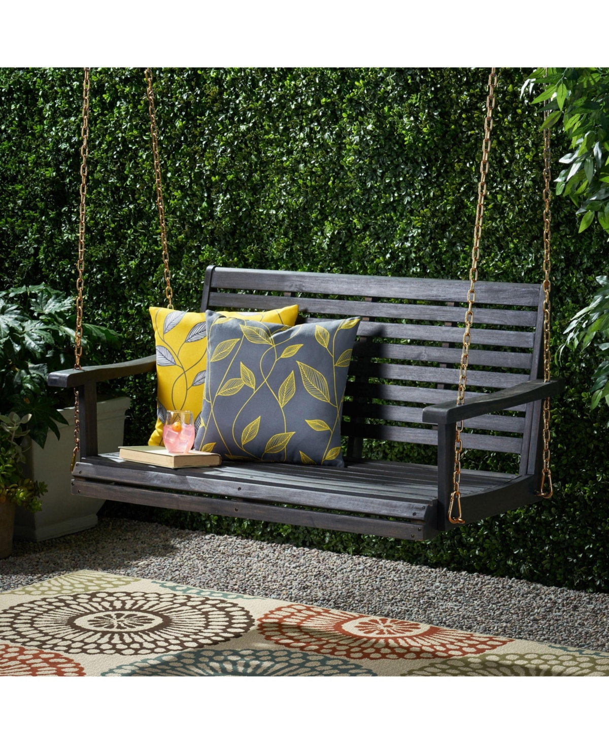 Patio Porch Swing with Slat Design, 2-Seater Hanging Bench with 8 Ft Chains