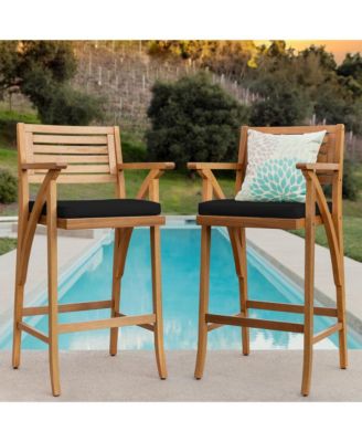 Set of 2 Outdoor Acacia Wood Bar Stools Bar Chairs w/ Weather-Resistant Cushions