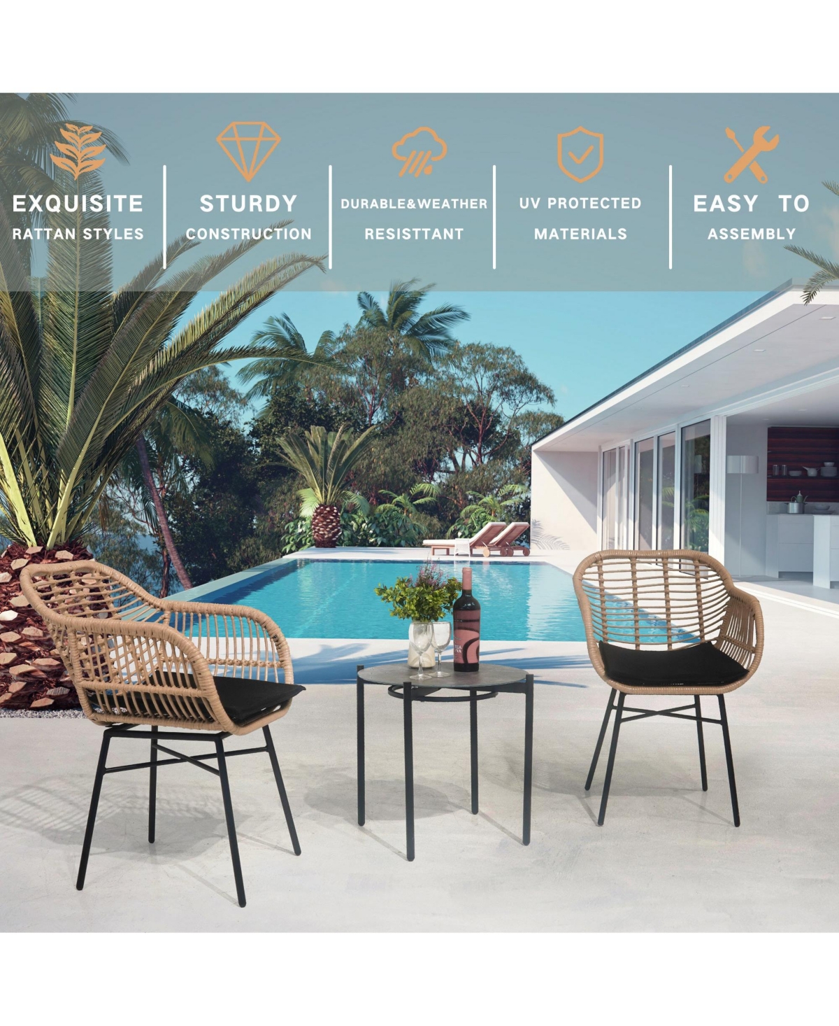 3 Pieces Of Luxury Outdoor Wicker Furniture ,Patio Bistro Style Table And Chair Combination,Weather-resistant Pe Wicker Weave