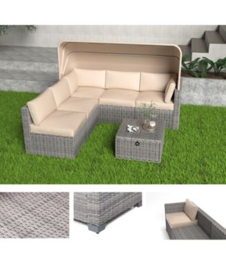 6 Pieces Patio Furniture Sets, Outdoor Rattan Daybed with Retractable Canopy, Outdoor Sectional Sofa Set with Adjustable Backrest, Chaise Chair Sunbed