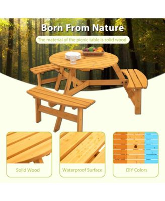 6-Person Natural Circular Wood Outdoor Picnic Table Seats 6 People with 3 Built-in Benches and Umbrella Hole