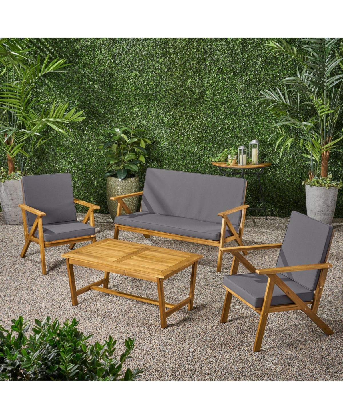 4-Piece Wood Patio Conversation Set with Gray Cushions