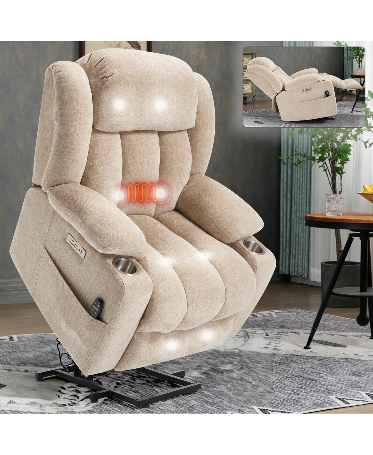Streamdale Chenille Power Lift Recliner, Massage & Heat, Usb, Cup Holders