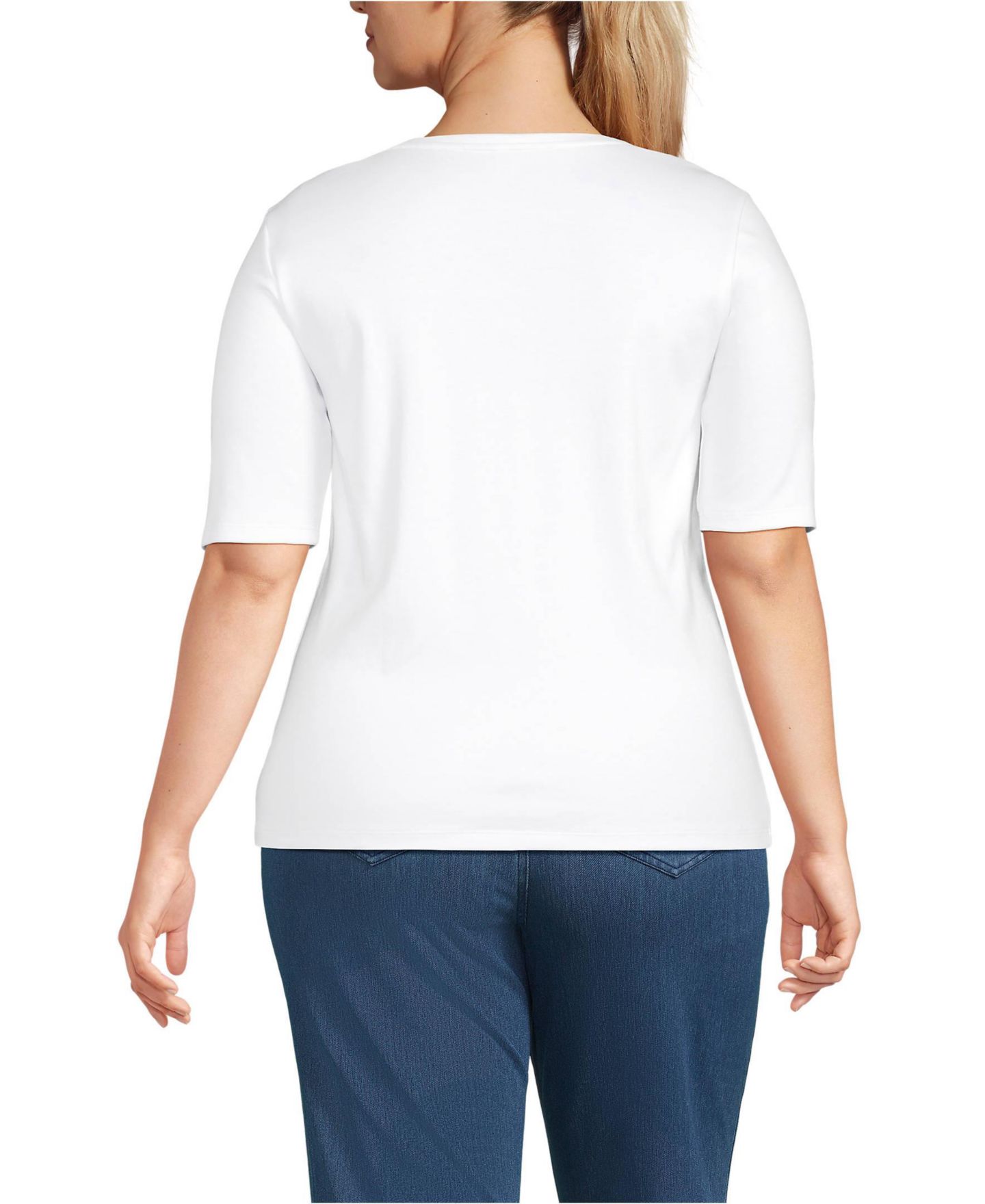 Женская футболка Lands' End Plus Size Supima Cotton Elbow Sleeve Boatneck Button Shoulder, цвет: Белый — фото 2