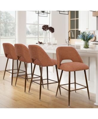  Set of 4  Textured Fabric, Walnut-Finished Metal  Curved Backrest, Padded Seat, Footrest Counter Height Stools