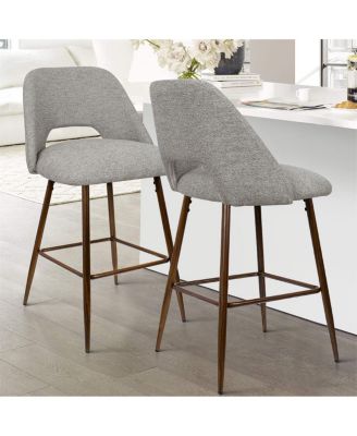  Set of 4  Textured Fabric, Walnut-Finished Metal  Curved Backrest, Padded Seat, Footrest Counter Height Stools