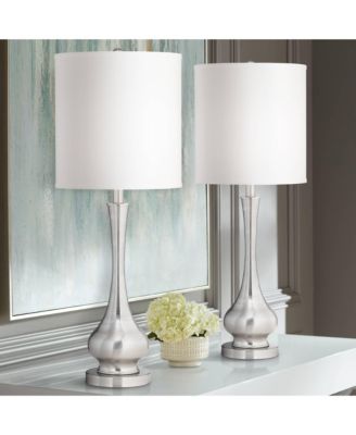 32" Tall Gourd Large Modern End Table Lamps Set of 2 Silver Brushed Steel Finish Metal Living Room Bedroom