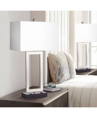 Todd 30" Tall Modern End Table Lamps Set of 2 USB Port AC Power Outlet Silver Brushed Nickel Finish Metal Charging