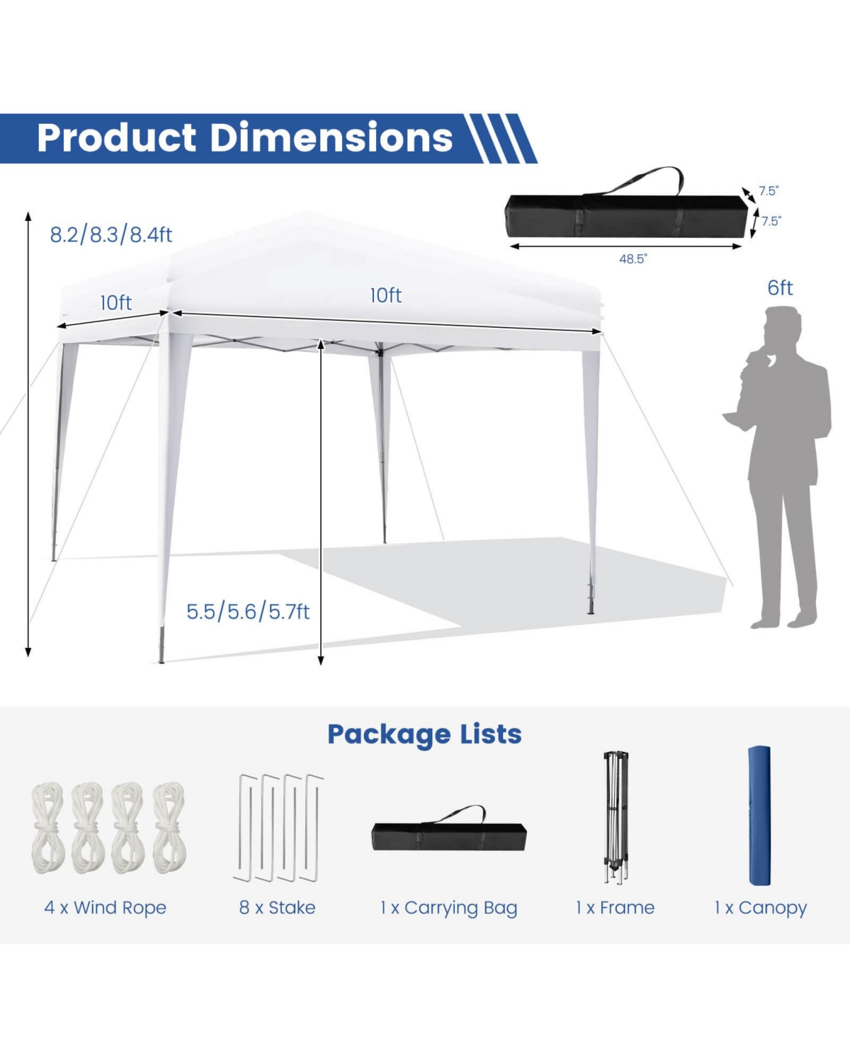 10 x 10 Feet Outdoor Pop-up Patio Canopy for Beach and Camp-White