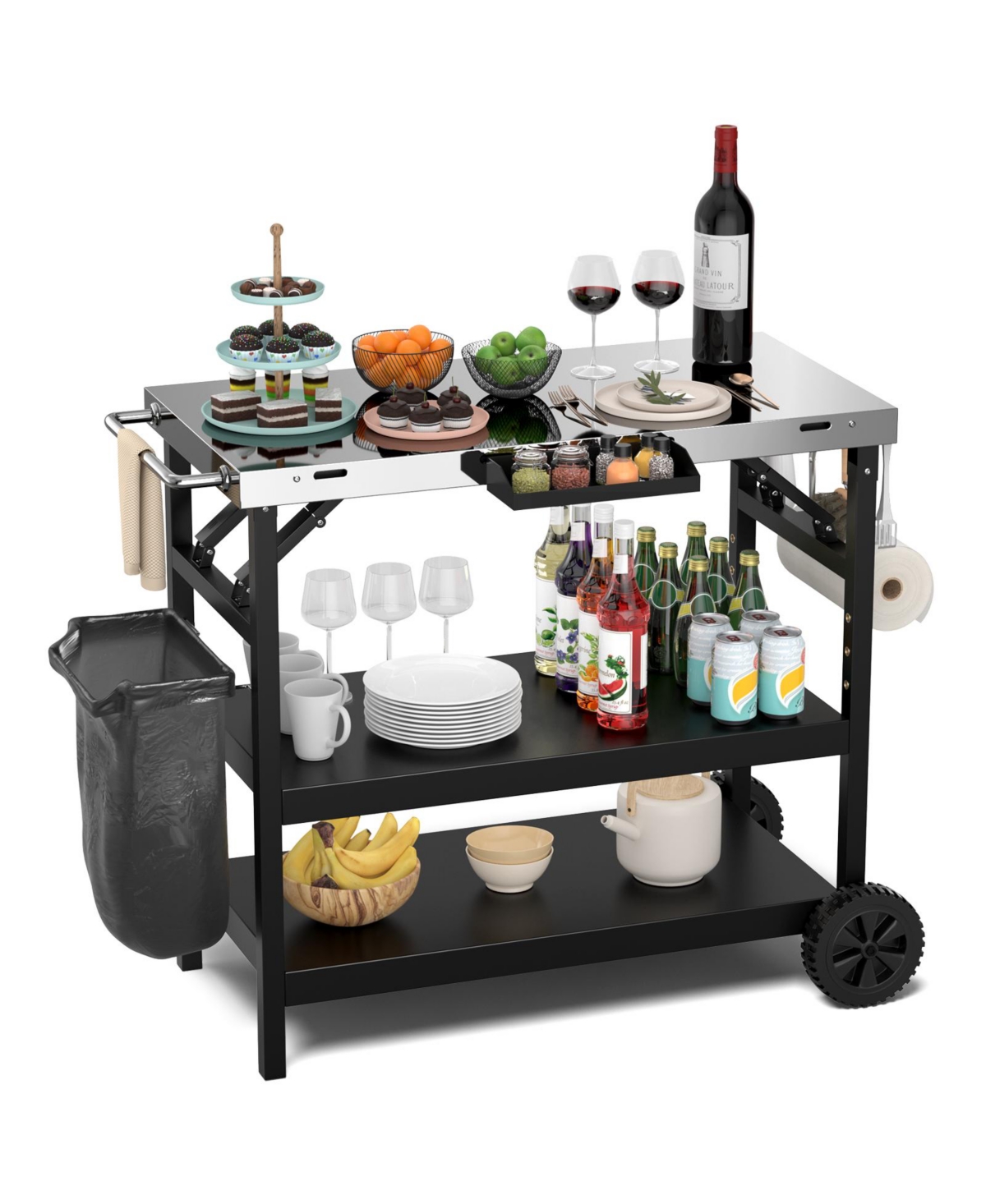 3 Tiers Foldable Outdoor Cart on 2 Wheels with Phone Holder - Black