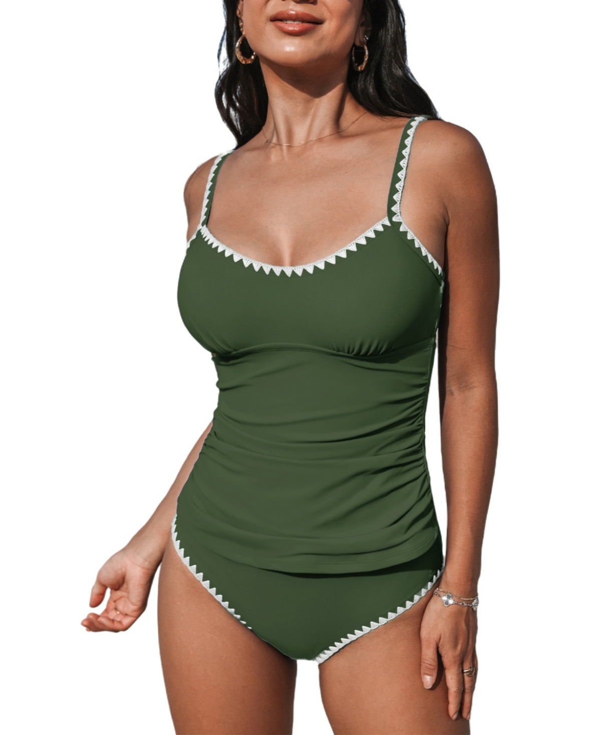 Women's Scoop Neck Mid Rise Adjustable Straps Shell Stitched Tankini Sets - Green