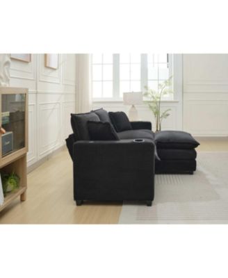 Streamdale L Shape Corduroy Sofa w/ USB, Cup Holder, Footstool - Black