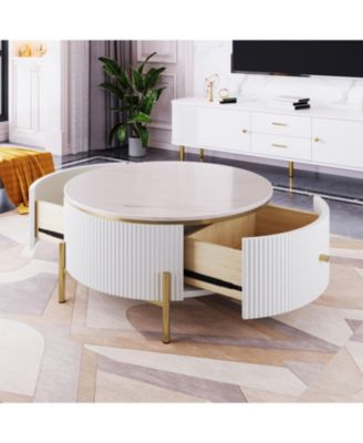 31.5" MDF Marble-Pattern 2-Drawer Golden Leg Modern Coffee Table