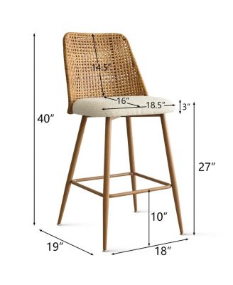 Set of 4 Faux Rattan,27'' Woven Cane Upholstered Chairs, Back Counter Stools for Kitchen Island & Home Bar