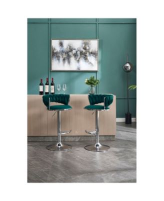 Green Velvet Bar Stools, Chrome Base, Adjustable Height (Set of 2)