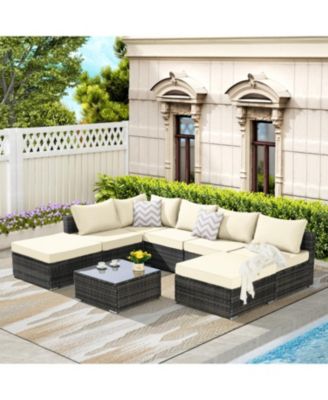 Outdoor Wicker Patio Sofa Set with Cushions & Table