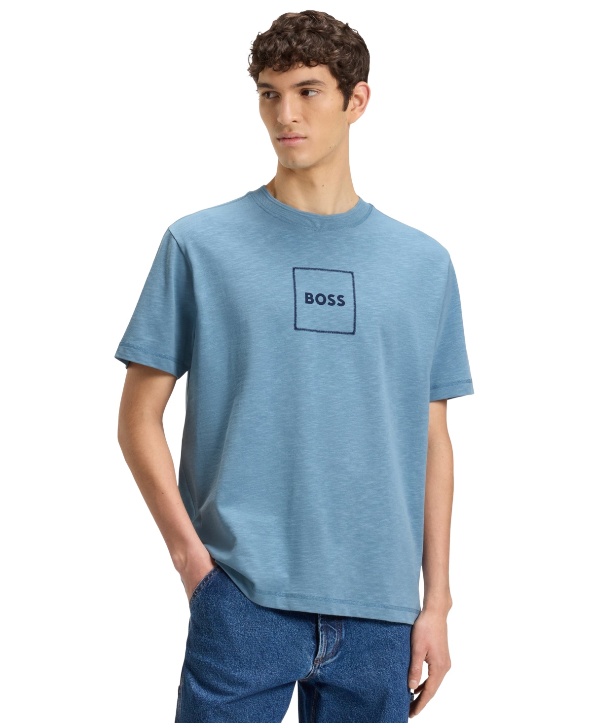 Hugo Boss Boss By  Men's Logo Print Slub-cotton T-shirt In Blue