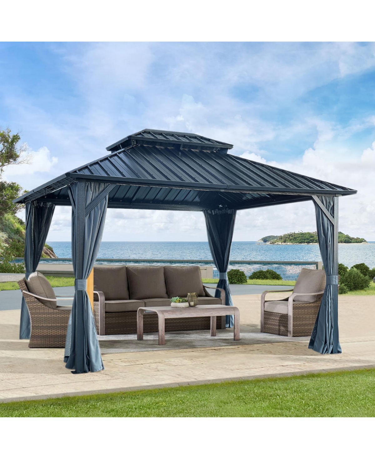 12'x12' Hardtop Gazebo: Steel Roof, Aluminum Frame, Curtains & Netting - Gray